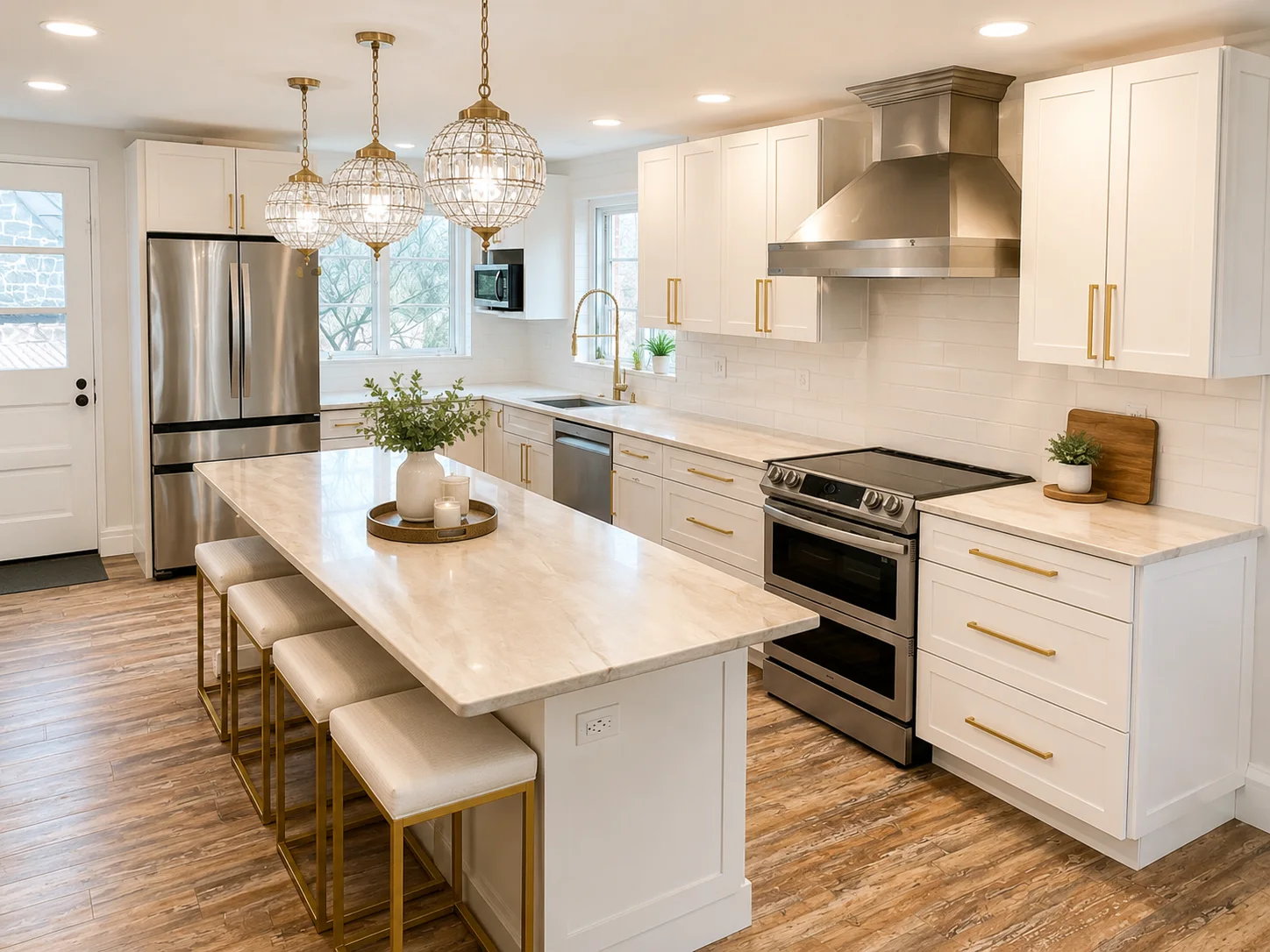 Bright white kitchen with white oak floors, brass fixtures, and glass globe pendant lights